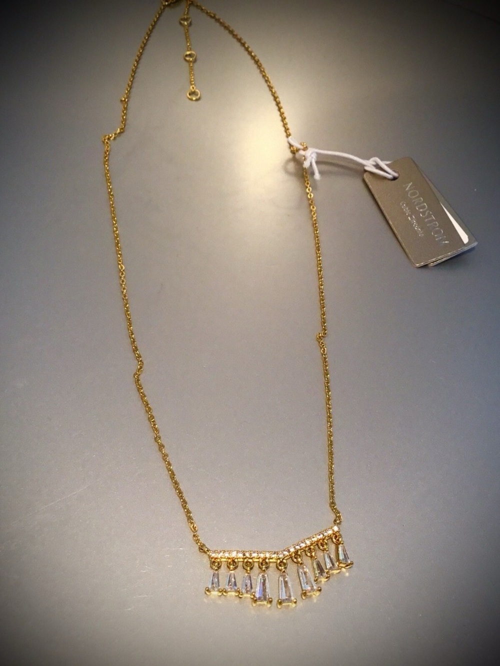 Nordstrom Gold Plated Pave Crystal Bar Fringe Necklace